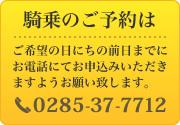 騎乗のご予約はご希望の日にちの前日までにお電話にてお申込みいただきますようお願い致します。電話番号0285-37-7712